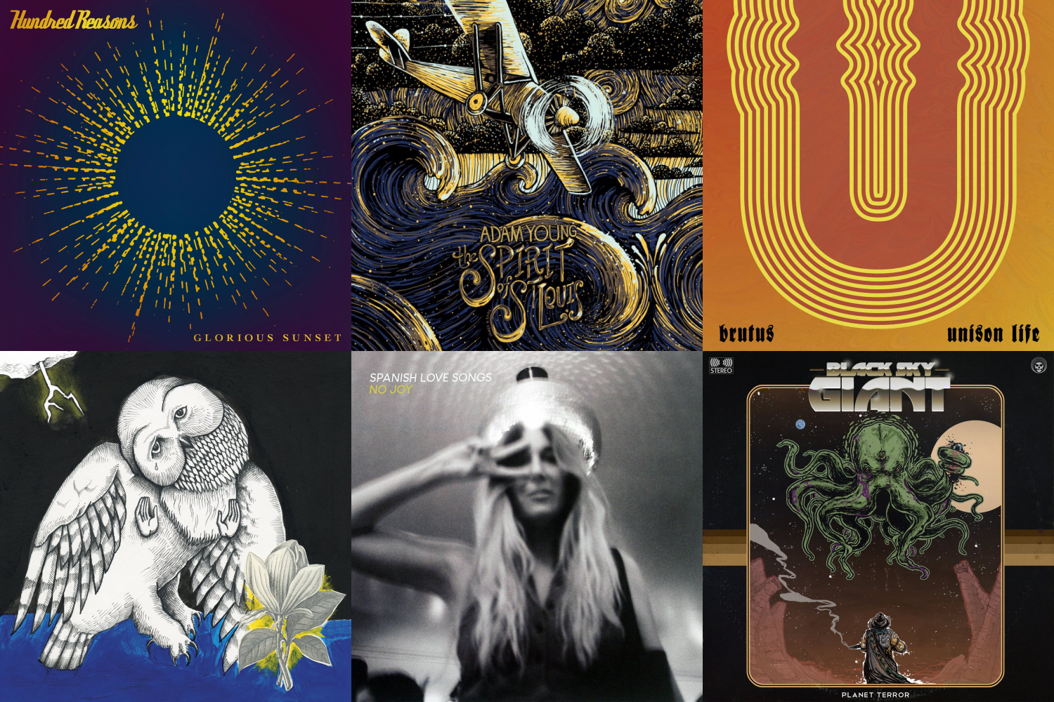 Six album covers; Glorious Sunset, The Spirit of St Louis, Unison Life, Magnolia Electric Co, No Joy and Planet Terror Six album covers; Glorious Sunset, The Spirit of St Louis, Unison Life, Magnolia Electric Co, No Joy and Planet Terror