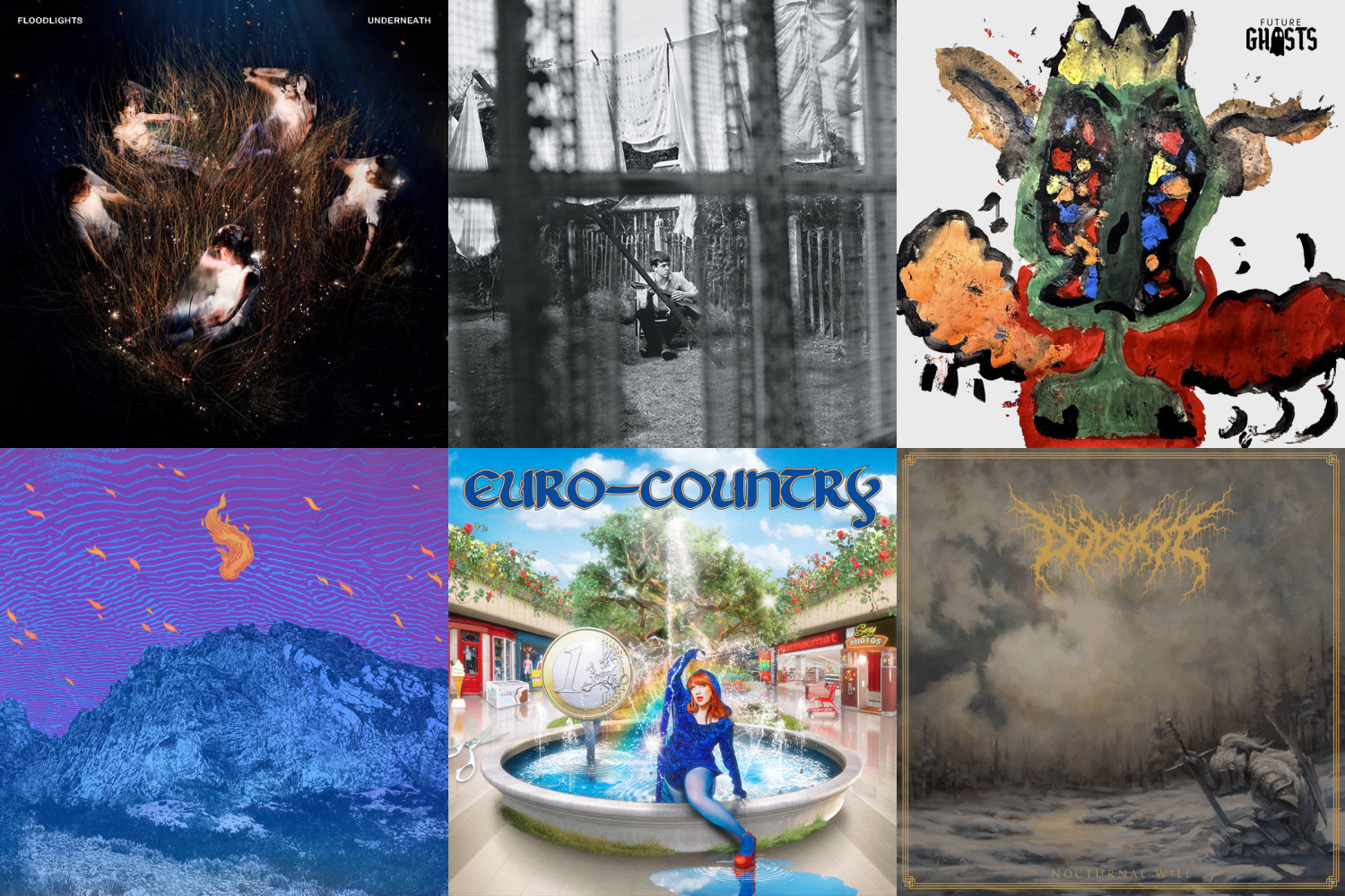 Best of 2025 Album Covers. Monatge of six albums covers. Left to Right, top to bottom: Underneath, Chaos and Creation in the Backyard, In Progress, Flickering Resonance, Euro-Country and Nocturnal Will